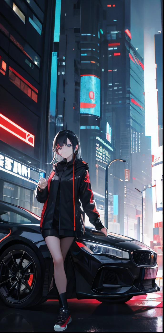 Girl next to the car during the day,Realistic and perfect hair lighting effect,Have technological equipment,Perfect light effects,Cyberpunk style city,Have a science fiction background,There are lasers,large panorama
