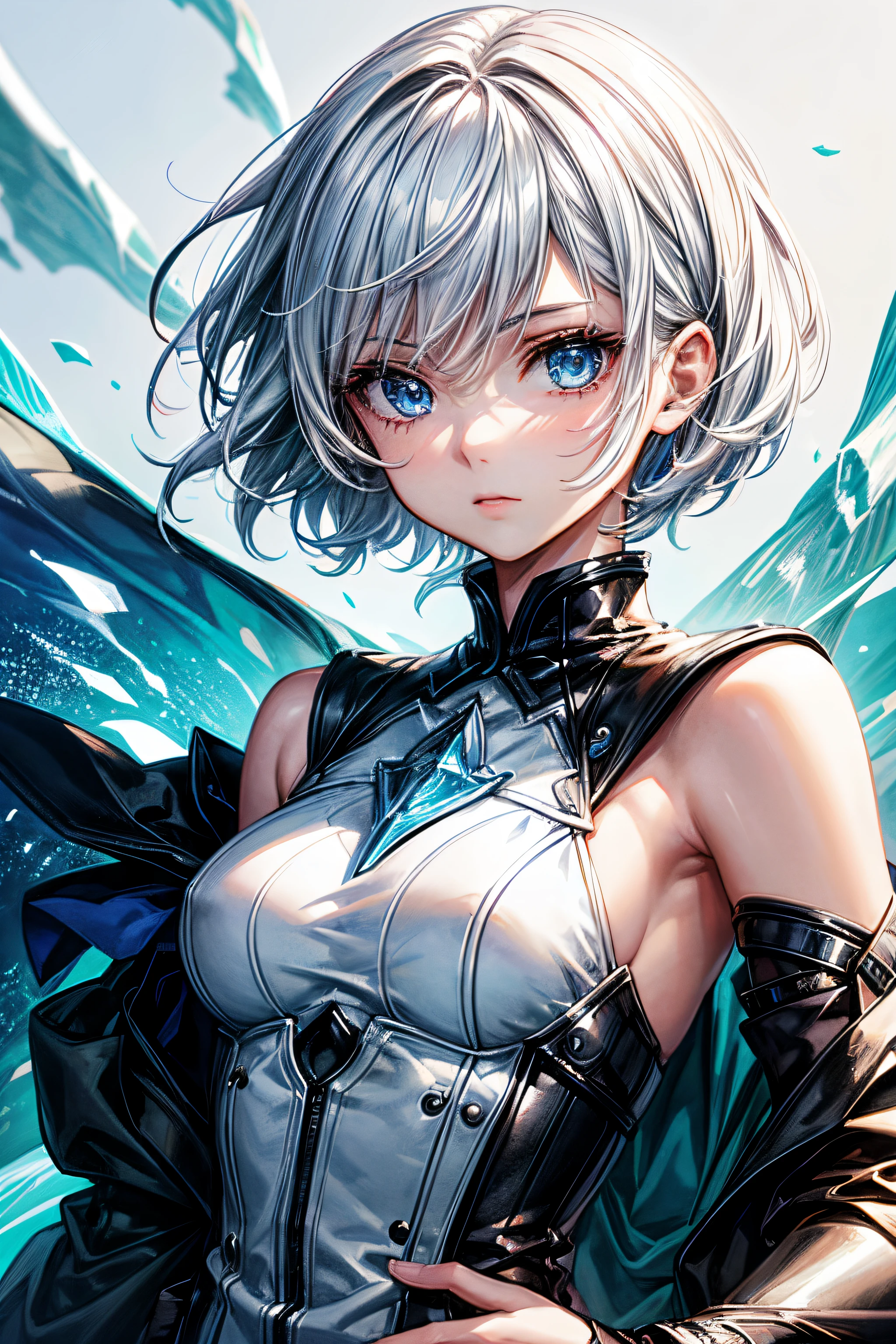 anime, young woman, solo, short hair, white hair, blue eyes, model, beautiful, half body potrait, fantasy, ice