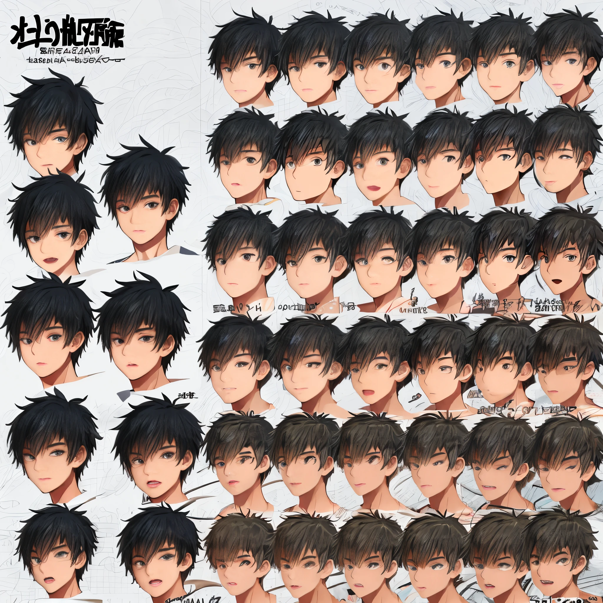 black anime boy eyes from different angles, character sheet