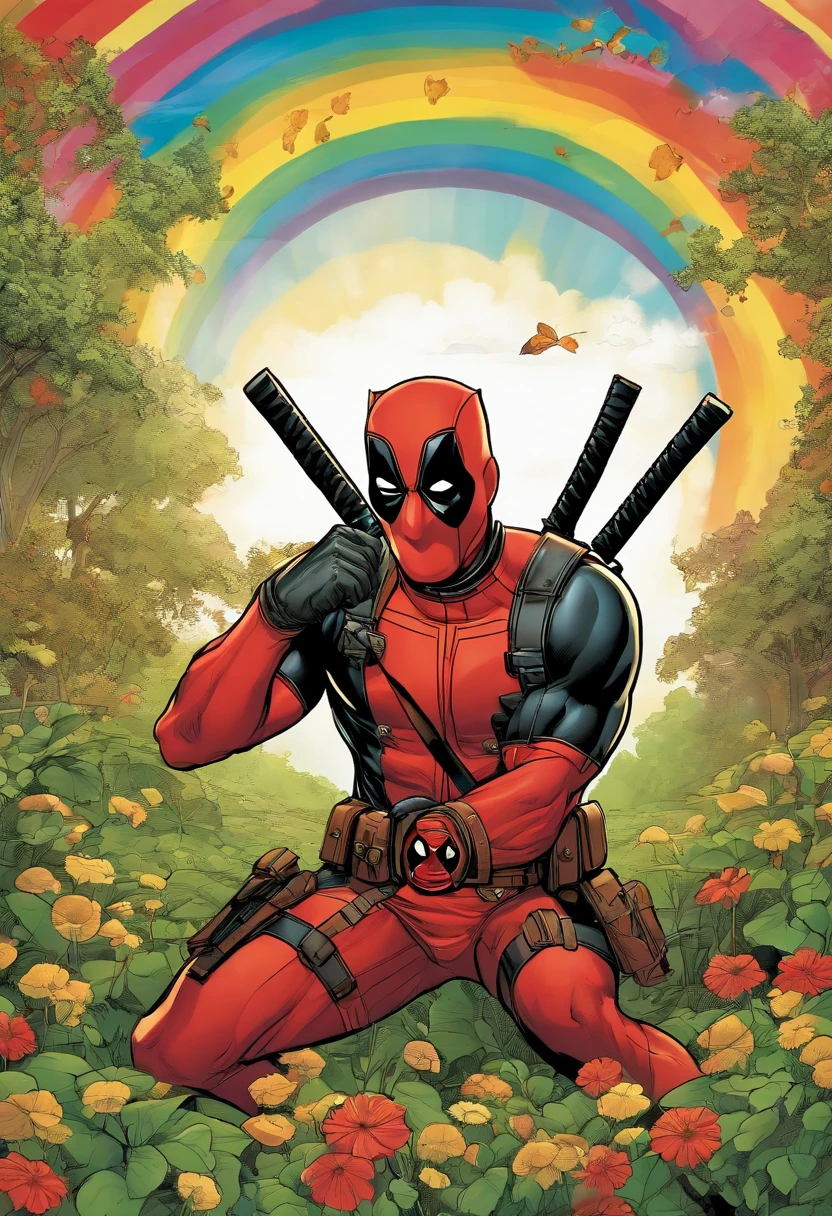 Deadpool causing mischief with a group of leprechauns in a colorful rainbow field,Deadpool,Deadpool, the unconventional anti-hero from Marvel Comics, is known for his distinctive red and black suit, complete with a mask that covers his entire face, hiding his disfigured skin caused by advanced cancer and experimental healing factor. His appearance is athletic and agile, suitable for his acrobatic fighting style.