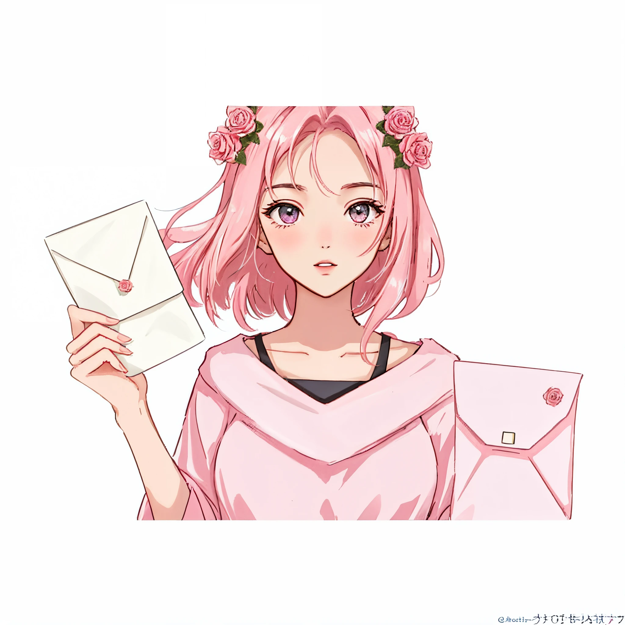 There is an envelope,half open envelope,pretty pink,There are photos of roses and heroines,Beautiful people in photos