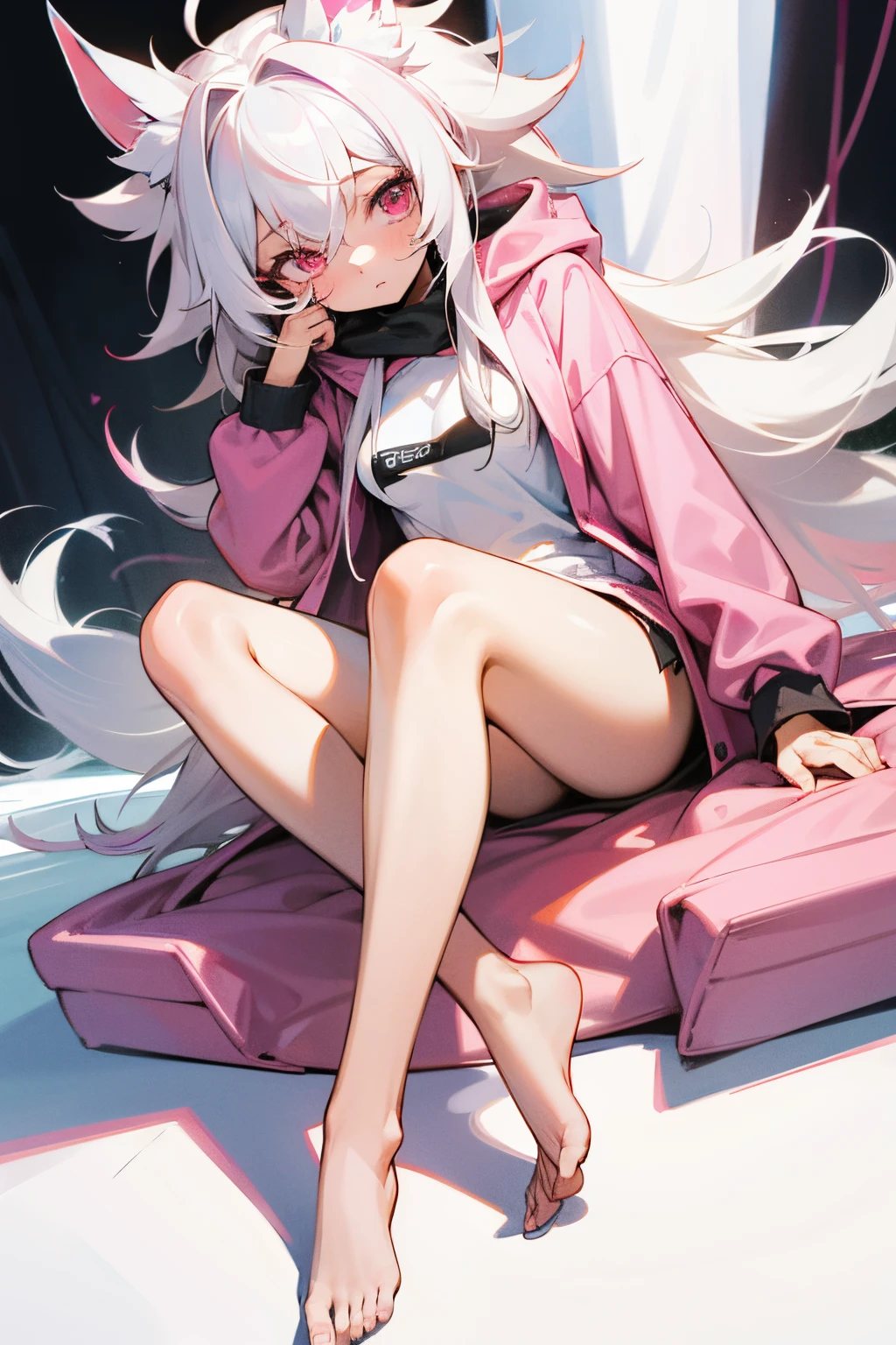 redraw, 1girl, li, long white hair, messy hair, pink eyes, oversized hoodie, barefoot, small breasts, thighs, shy, masterpiece,