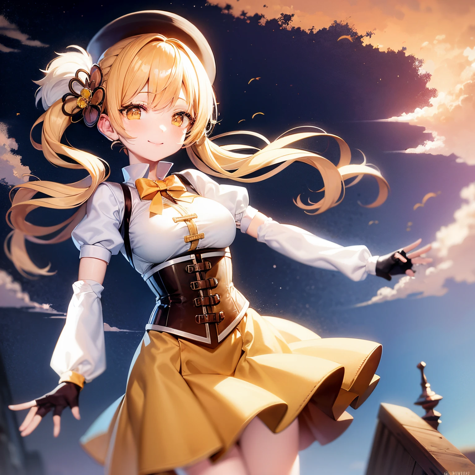 masutepiece, Best Quality, 1girl in, (Mami Tomoe), Blonde hair, Drill Hair, twin drills, (Yellow eyes:1.2), Brown gloves, corsets, Detached sleeves, Fingerless gloves, Smile, hat, magical  girl, Puffy sleeves, striped thigh, Yellow skirt, coverd nippple, breasts, npclearly, clearly , Hidden Private, Partially visible crotch, skyporn, evening, Sunset