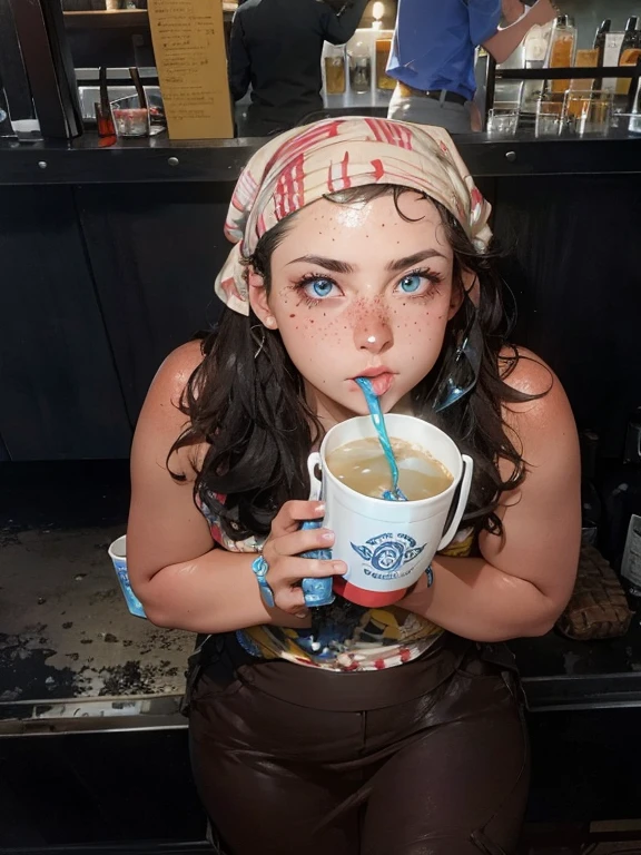 woman with dark curly hair wearing a bandana and blue eyes and freckles drinking out of a large cup at the bar