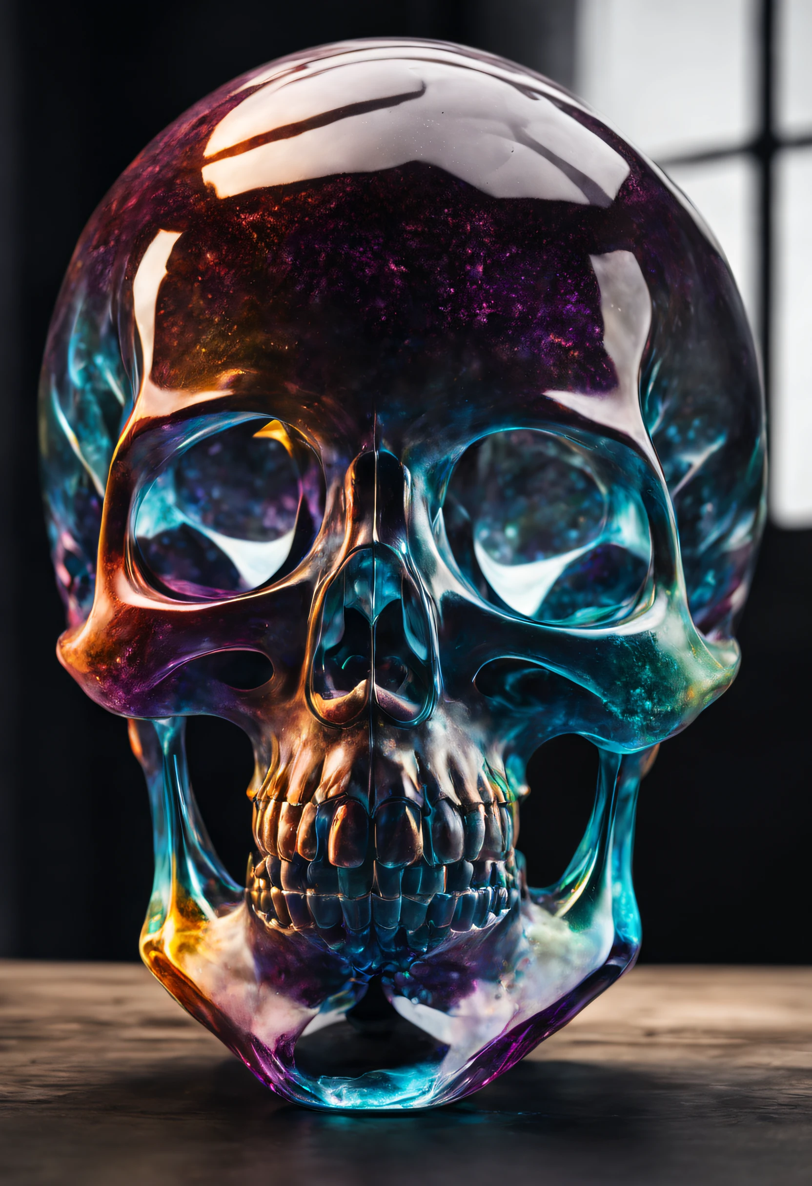 A realistic colored glass skull, beautiful and detailed. Which explodes when falling to the ground, the projections are textured like colorful dreaming dust