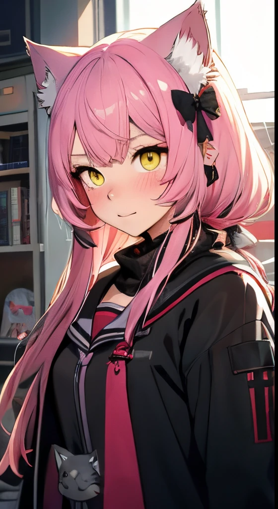 Anime girl with pink hair and black and white outfit with cat ears, anime girl with cat ears, beautiful anime catgirl, anime cat girl, cute anime catgirl, very beautiful anime cat girl, Anime Cat, anime moe artstyle, guweiz, girl with cat ears, Anime visual image of a cute cat, artwork in the style of guweiz