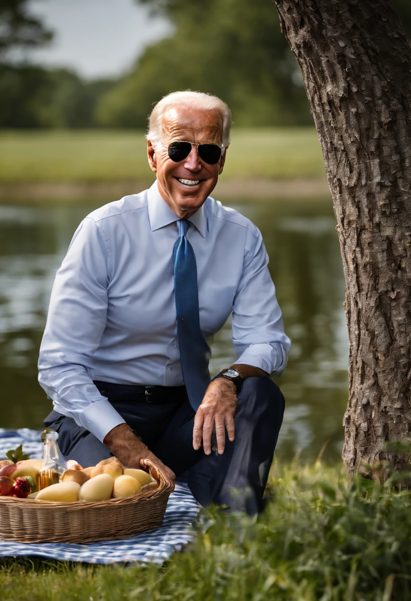 A photo of Joe Biden enjoying a serene picnic by a tranquil lake,original, Joe Biden, the President of the United States, is typically seen in a suit and tie, often with a smile and aviator sunglasses, which have become somewhat of a trademark look for him. He has white hair, blue eyes, and is known for his friendly demeanor.