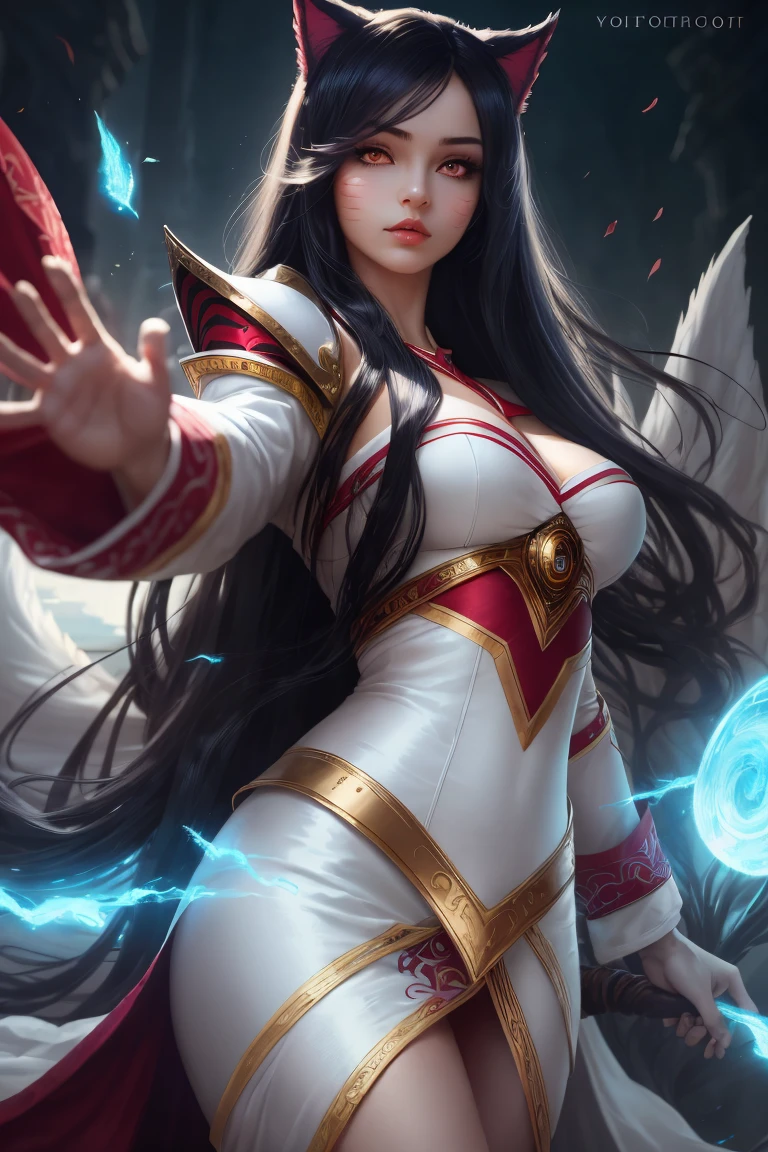 Ahri,1girl, long hair, red eyes, solo,white long dress , Irelia, looking at viewer, white hair, armor, lips, , foreshortening, symmetrical eyes, , medieval background, ,