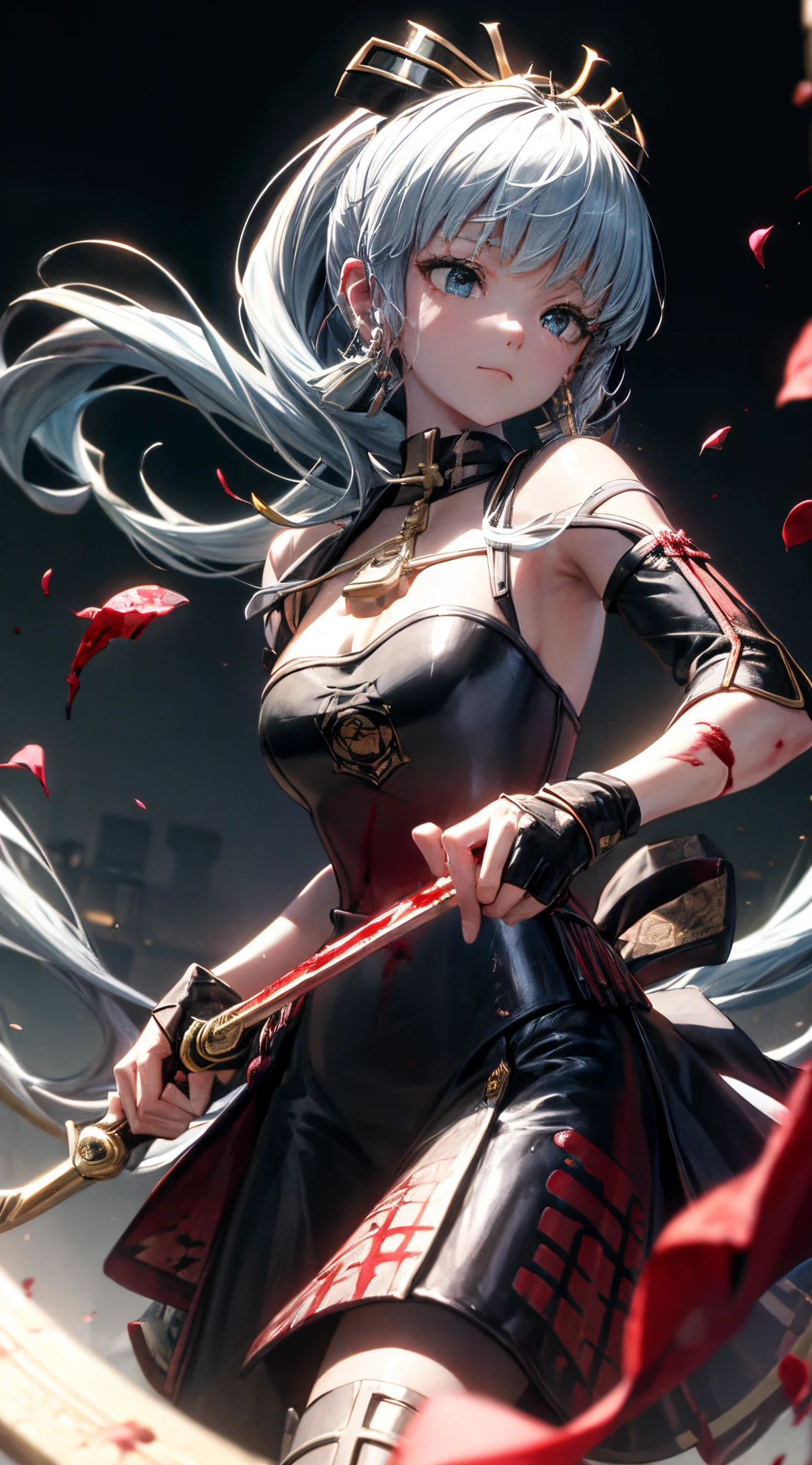 kamisato ayaka, 1girl,breast, floating hair,long hair,closed mouth, bare shoulders,black dess, black gloves, black hair, blood, blood on face, fingerless gloves,gold earrings,hairband,jewelry, ,knife,blood on weapon,looking at viewer, backlighting, light particles, rose, rose petals, rose print, ((masterpiece))