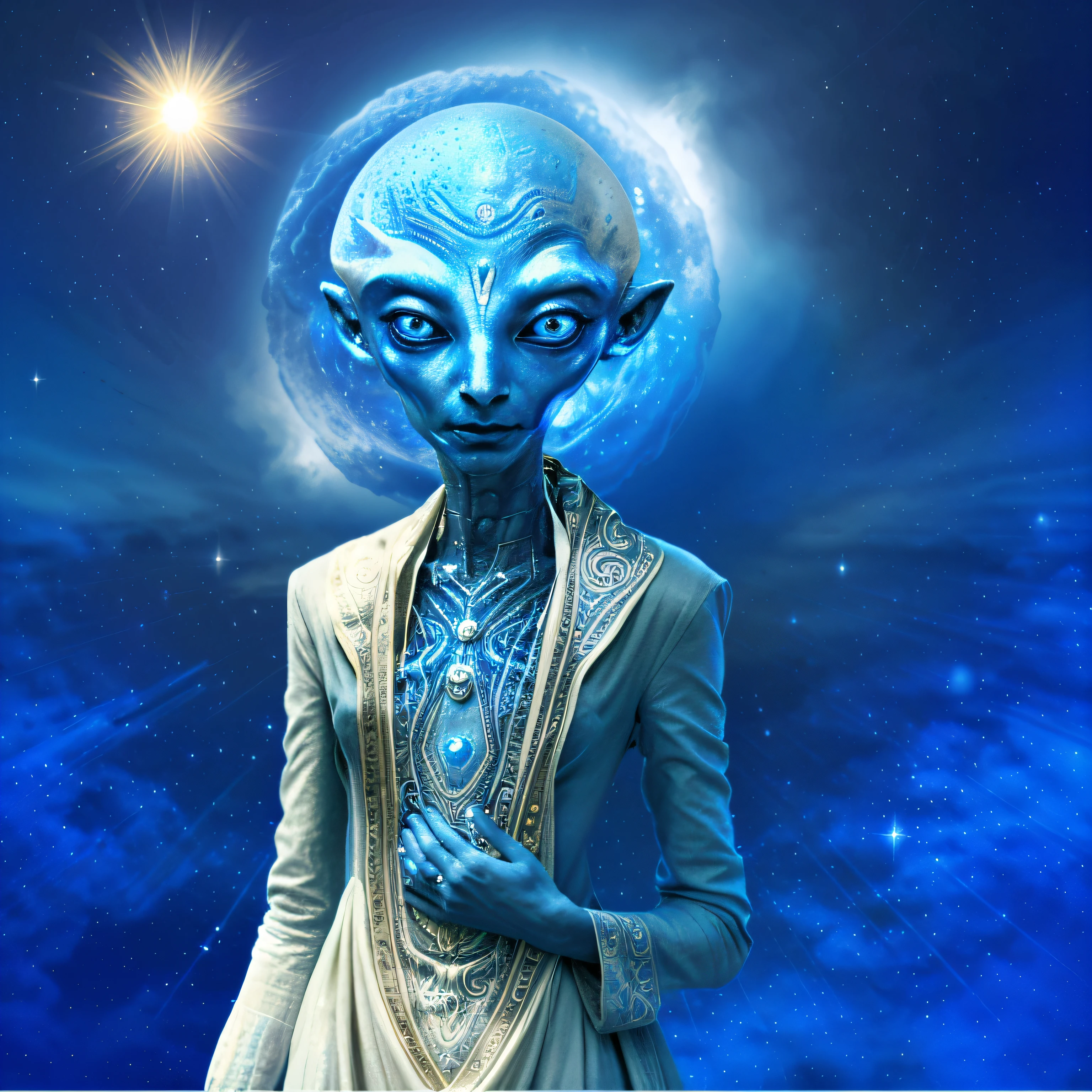 alien woman in a white dress with blue face and blue moon, portrait of a grey alien, Reptilian space alien, Portrait of a humanoid alien, alien god, ancient alien portral, elven spirit meditating in space, Grey alien, Radiant alien, astral appearance, extraterrestre, Gray alien, extraterrestial