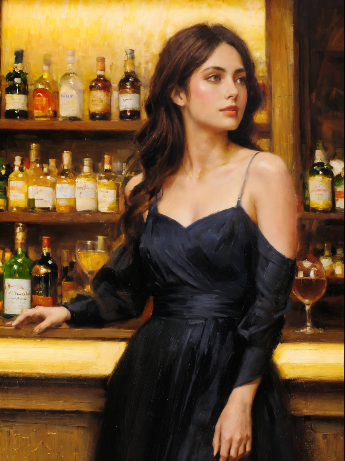 portrait of a young woman,beautiful detailed eyes,beautiful detailed lips,long eyelashes,black dress,modern bar,oil painting by Fabian Perez,(best quality,4k,8k,highres,masterpiece:1.2),ultra-detailed,(realistic,photorealistic,photo-realistic:1.37),portrait,bar,expressive pose,studio lighting,vibrant colors,dramatic lighting,contrast,Mediterranean atmosphere