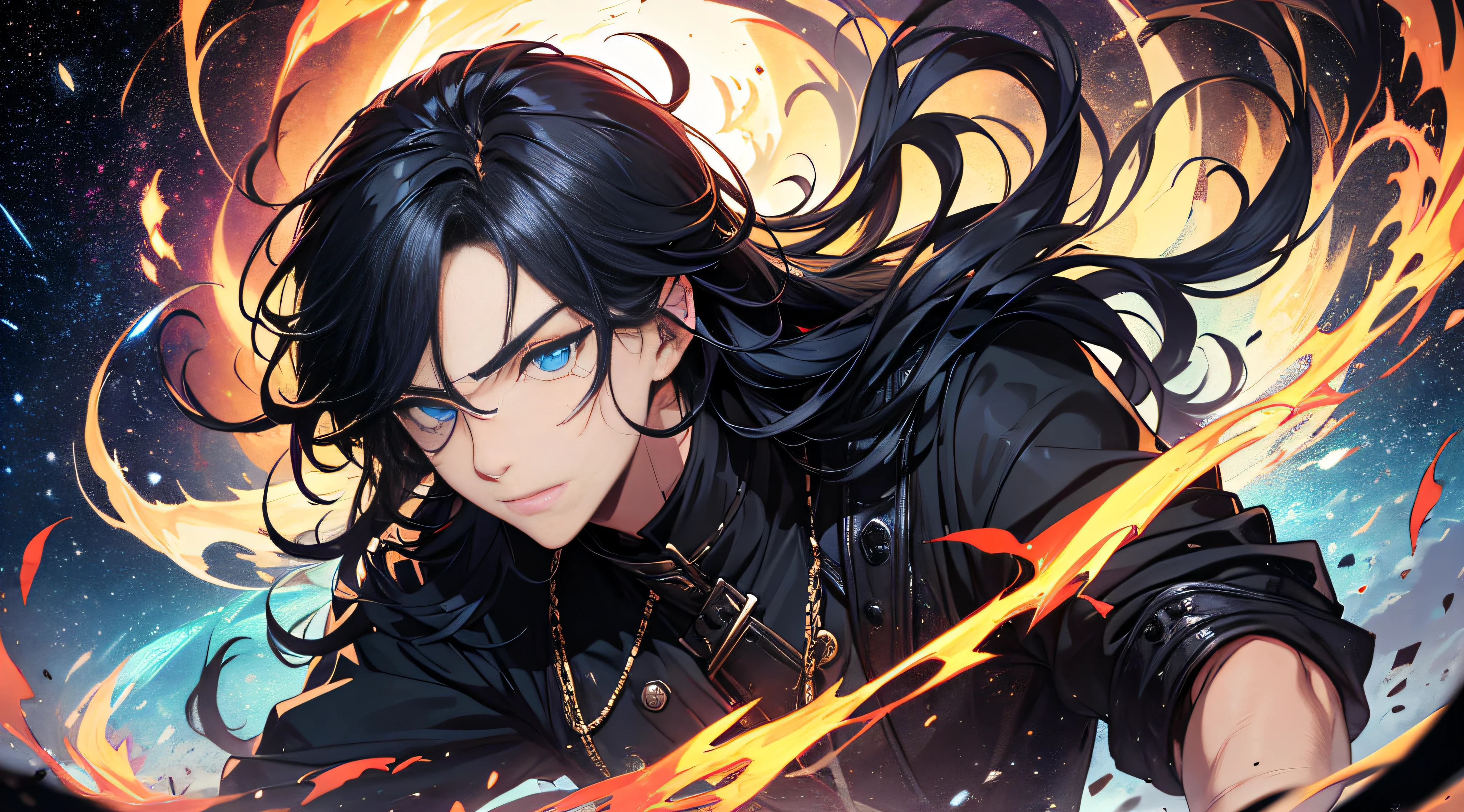 A boy, handsome, fair-skinned, resolute eyes, long flowing black hair, blue eyes, powerful, black dress, antique style, streamer surrounding, 8k, thunder, flame, colorful light, starry sky, cracked, milky way,