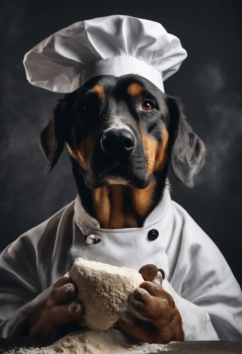 A photo of Jinjin wearing a chef's hat, with flour all over his face and paws,original,ugly dog, small, black