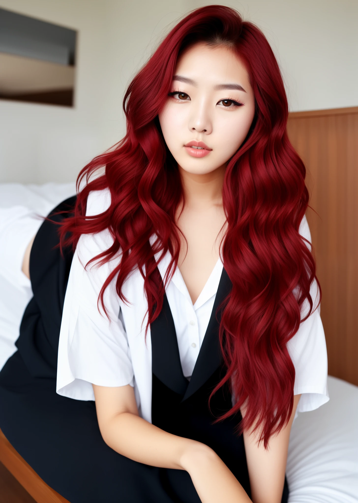 Korean. 23 year old. Woman. Masculine. Bright red hair. Short hair. Slicked back hair.