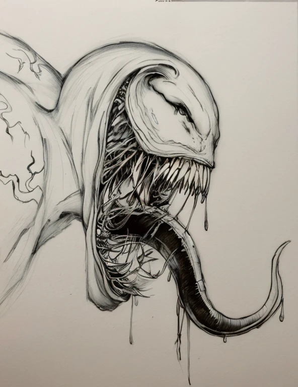 dibujo de un veneno con una boca grande y dientes afilados, Mezcla de veneno y Cthulhu, Butchery, Butcher's tusks, pen and ink, Simbionte, inspirado por Heinrich Kley, veneno, ink and pencil, Simbionte venenoso, Boceto muy detallado, Xenomórfico, Boceto de alta calidad, xenomorfo, pen and ink