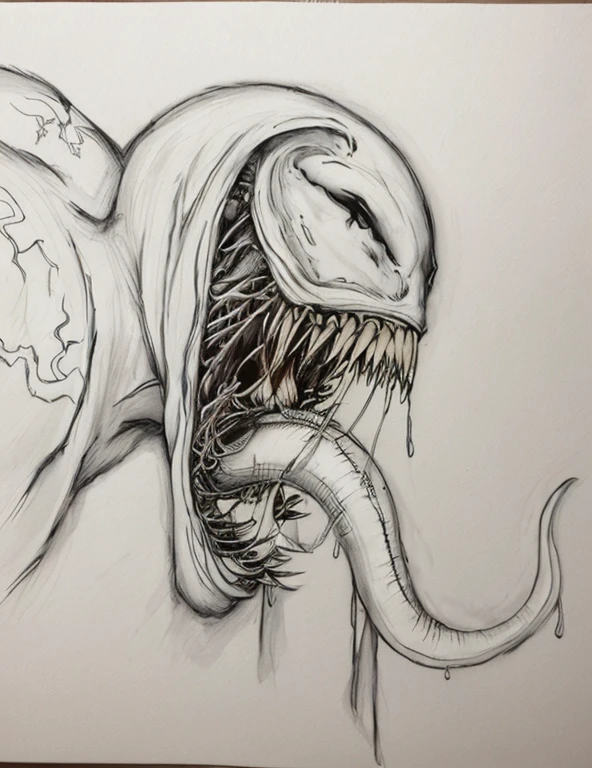 dibujo de un veneno con una boca grande y dientes afilados, Mezcla de veneno y Cthulhu, Butchery, Butcher's tusks, pen and ink, Simbionte, inspirado por Heinrich Kley, veneno, ink and pencil, Simbionte venenoso, Boceto muy detallado, Xenomórfico, Boceto de alta calidad, xenomorfo, pen and ink