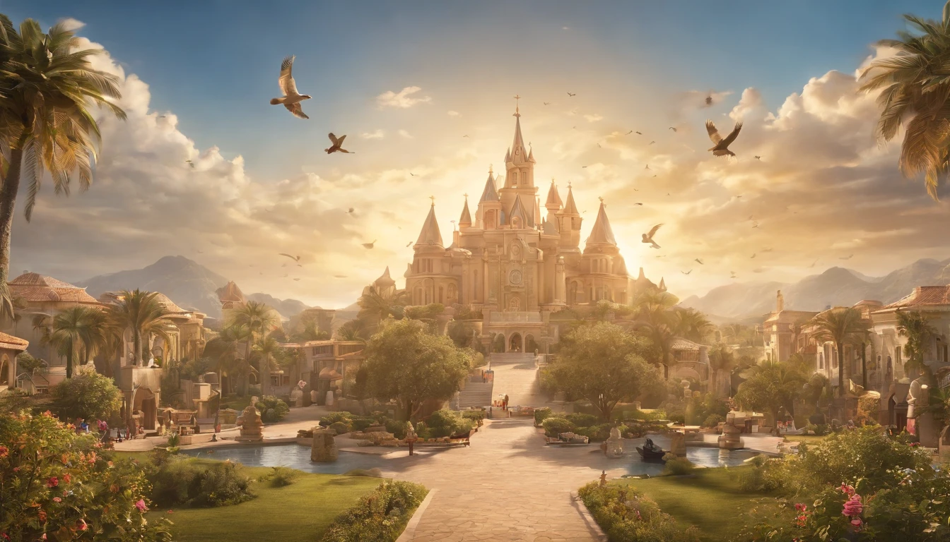a pixa Disney cartoon of biblical time city in heaven made of gold, very beautiful with big tall houses, bible times, a very beautiful place in heaven, birds flying in the sky, beautiful tress, animals, lions, tigers playing animated film, 3 d animated movie, animated still, animated movie, (8k) (Cinematic lighting) , photo, 3d render, cinematic