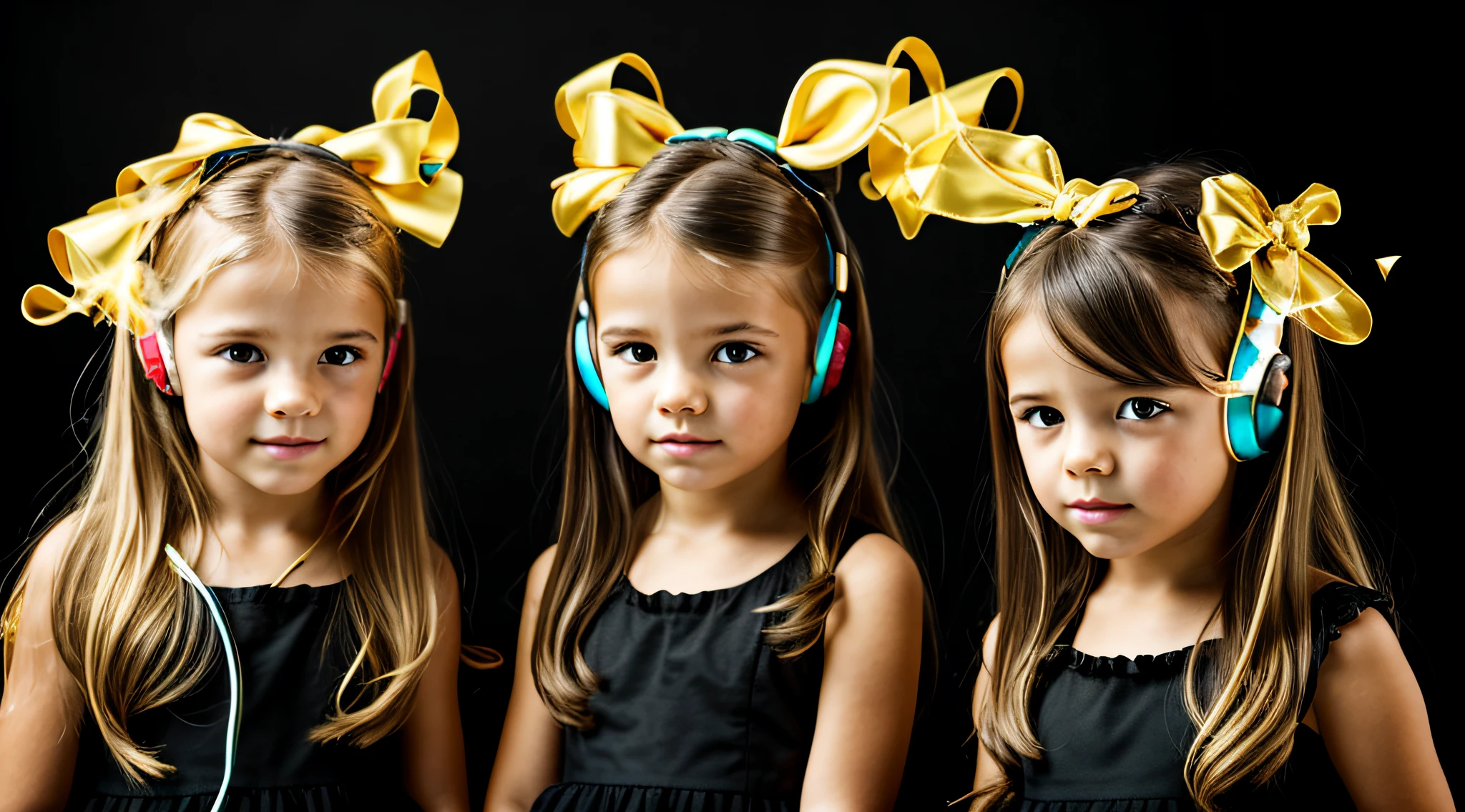 BLACK BACKGROUND. two girls KIDS BLONDE GOLD WITH LONG HAIR with bows on the head AND HEADPHONE and one wearing BLACK dress, FONES DE OUVIDO FOGO E FOGO. GREEN Smoke Billowing GREEN, portrait of twins twins, faixa de cabelo AMARELO, GOLD.