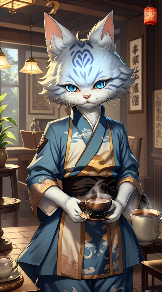 Anthropomorphic white ragdoll cat, blue color eyes, elaborate Hanfu, teacup in hand, There is a stove on the big coffee table that is boiling water., Chinese courtyard, ssmile, winking, Stand on two feet, The side is facing me, high detal, in a panoramic view, 4K, Best quality at best, ctextured skin