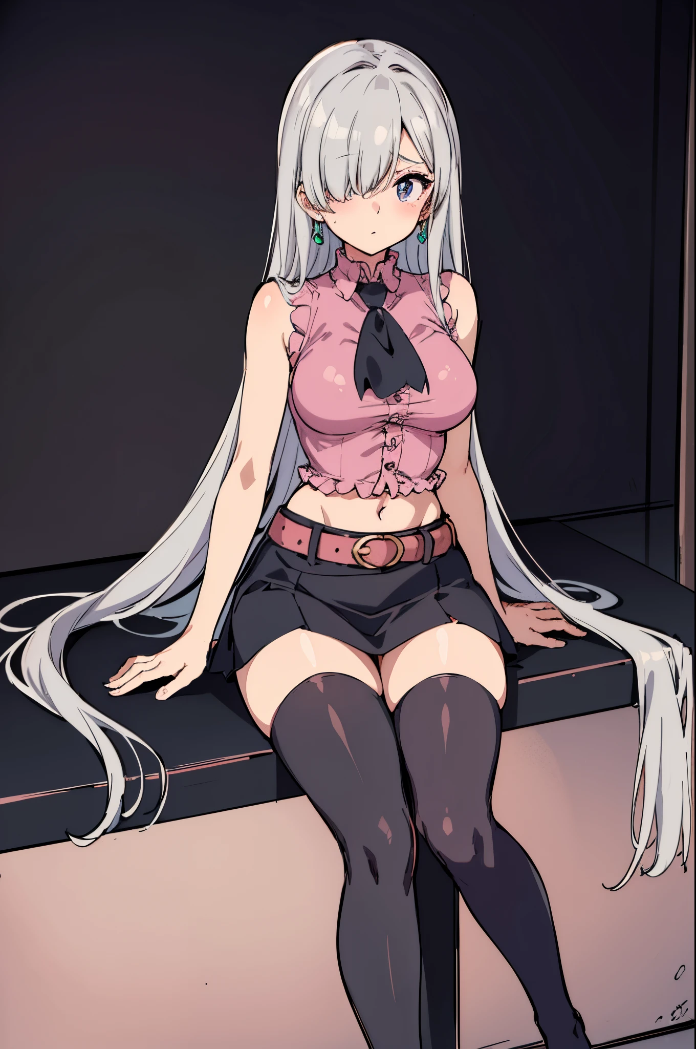 masterpiece, best quality, highres, Elizabeth, 1girl, jewelry, single thighhigh, silver hair, hair over one eye, midriff, black skirt, asymmetrical legwear, pink shirt, sleeveless, black thighhighs, belt, landscape background, sitting on floor, knees up, barefoot, standing, portrait,