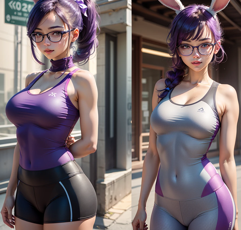 (raw photo:1.2),((photorealistic:1.4))best quality ,masterpiece, illustration, an extremely delicate and beautiful, extremely detailed ,CG ,unity ,8k wallpaper, finely detail, best quality,extremely detailed CG unity 8k wallpaper,absurdres, incredibly absurdres, huge filesize, ultra-detailed, highres, extremely detailed,beautiful detailed girl, extremely detailed eyes and face, beautiful detailed eyes,light on face,cinematic lighting,1girl,see-through,looking at viewer,outdoors,Sunny and cheerful, with two ponytails, purple hair bows, a sporty girl, ulzzang-6500,full body, yoga clothes,Sports Girl,bunny ears, black round glasses, freckles, large chest