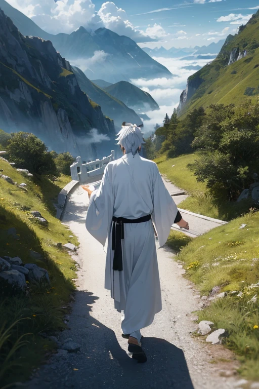 Handsome Taoist priest wearing white robe walking on the mountain road going down the mountain，The surrounding clouds are shrouded，Only her back is left
