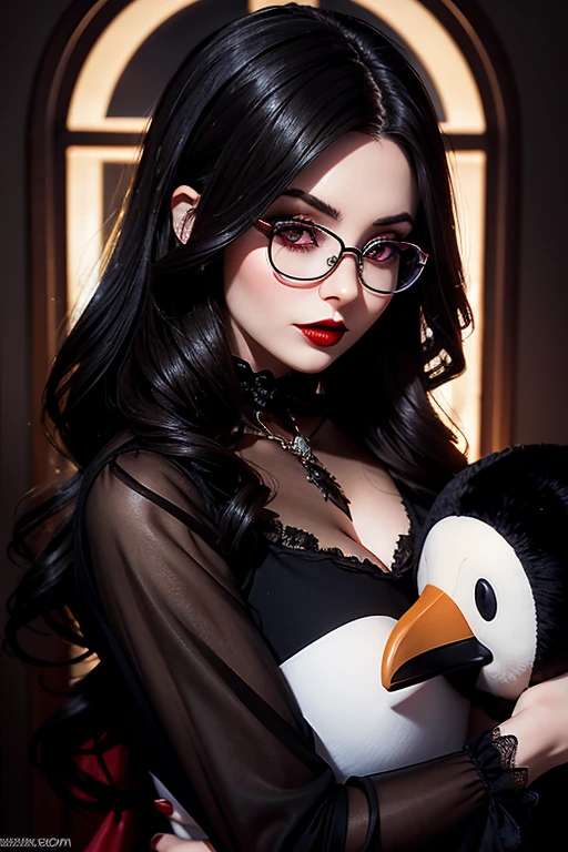 European woman hugging a Stuffed Penguin,30 years old, in a fantasy world, Vampire Dress, Gothic ta, glasses, Dark hair, red lips, Eye shadow, natural makeup, very curved hair,,Second Life Avatar, Beautiful screenshot, Second Life, attractive woman, high quality, highly detailed
