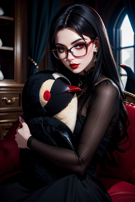 European woman hugging a Stuffed Penguin,30 years old, in a fantasy world, Vampire Dress, Gothic ta, glasses, Dark hair, red lips, Eye shadow, natural makeup, very curved hair,,Second Life Avatar, Beautiful screenshot, Second Life, attractive woman, high quality, highly detailed