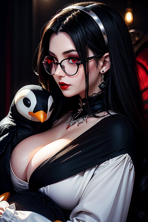 European woman hugging a Stuffed Penguin,30 years old, in a fantasy world, Vampire Dress, Gothic ta, glasses, Dark hair, red lips, Eye shadow, natural makeup, very curved hair,,Second Life Avatar, Beautiful screenshot, Second Life, attractive woman, high quality, highly detailed