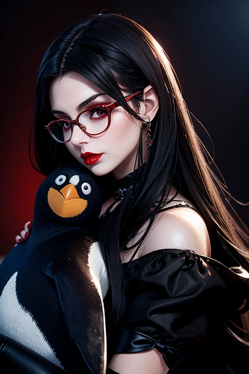 European woman hugging a Stuffed Penguin,30 years old, in a fantasy world, Vampire Dress, Gothic ta, glasses, Dark hair, red lips, Eye shadow, natural makeup, very long hair, beautiful chest, big breasts,Second Life Avatar, Beautiful screenshot, Second Life, attractive woman, high quality, highly detailed