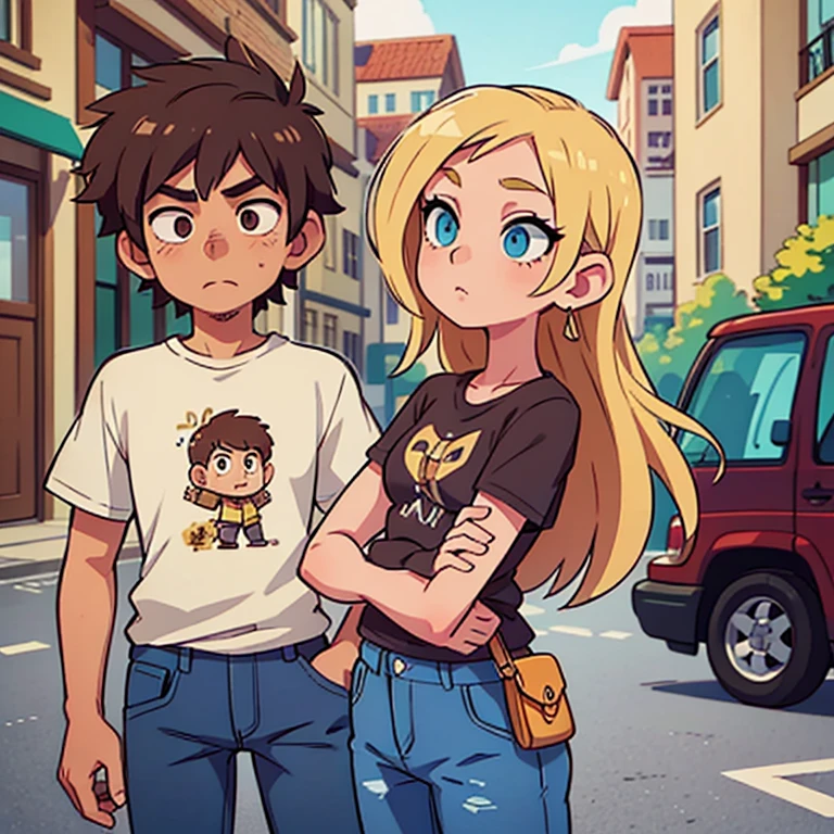 Lady on the street , A girl , rose hair , brown eye , jeans, tshirt, guy, tshirt, jeans, blonde man, Cyan eyes