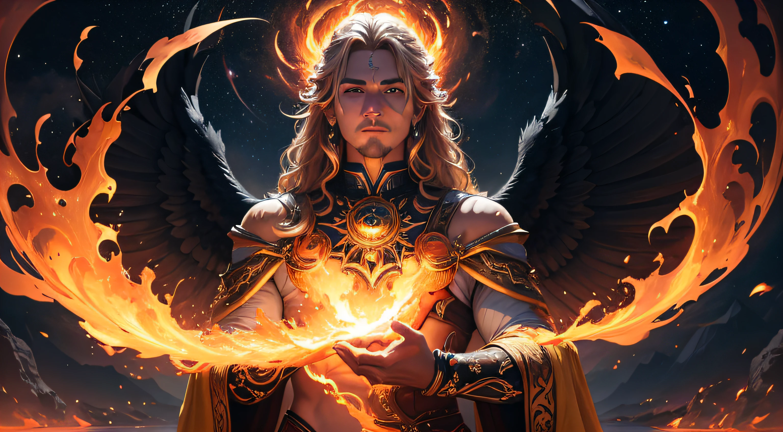 God of fire, sitting on a fire throne, wearing a crown of red crystal, red eyes,wearing a black cloak from head