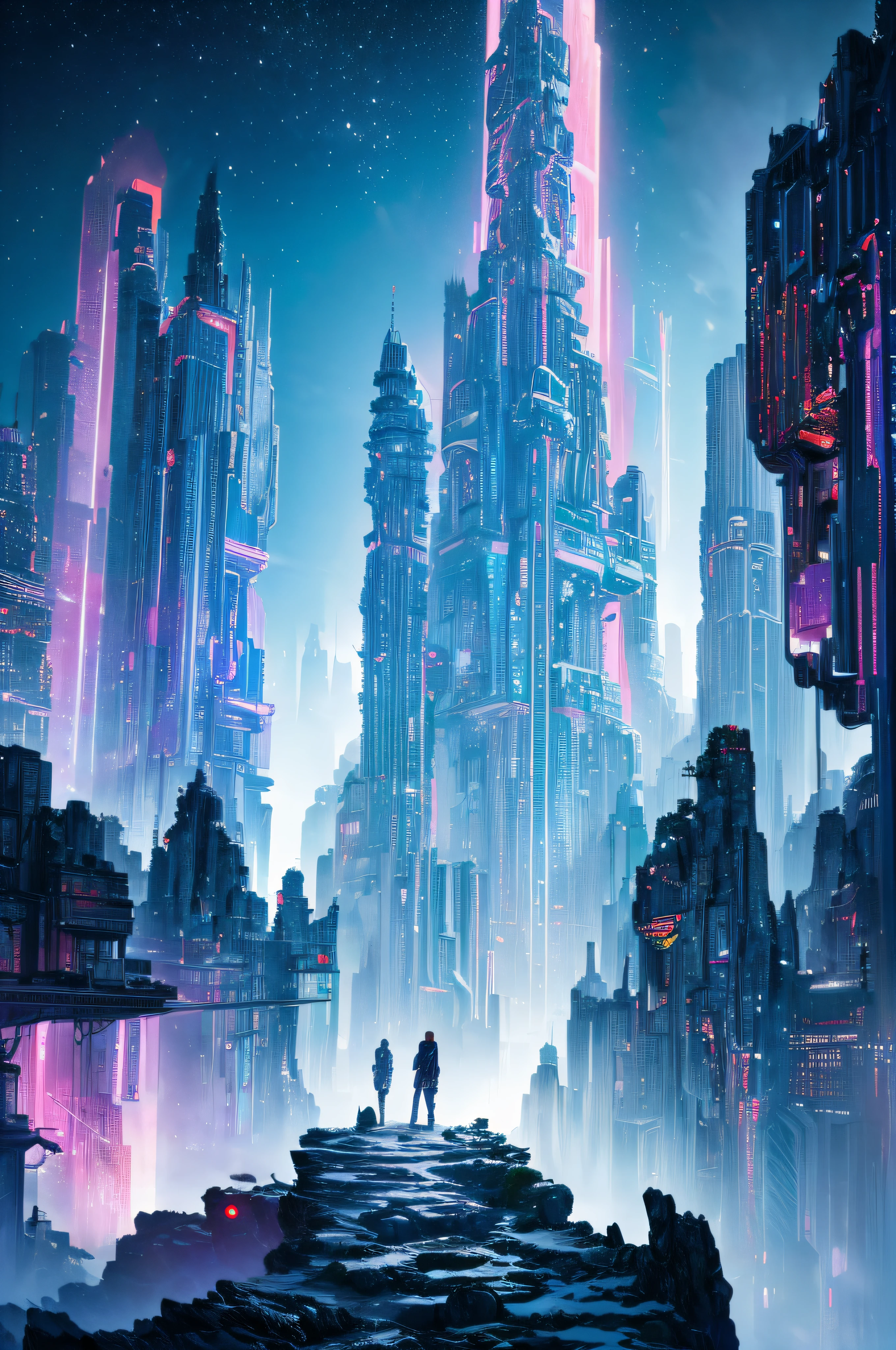 zhangjiajie, Jiuzhaigou, Sci-fi and weird, kosmos，intergalactic，alien planet，Fushan Island, ultra-realistic realism, shadowing, anaglyph, stereograms, Standing painting, Perspectives, atmosphric perspective, ultra-realistic realism, Fuji color, expected insert, in a panoramic view, opinion, ultra-wide-angle, 8K, super detailing, acurate, Best quality at best, hyper HD, tmasterpiece, high qulity, Best quality at best, A high resolution, 1080p, 8K, Draw a lot of skyscrapers, Look up at the stars. Colorful nebulae and colorful metropolis surround her.