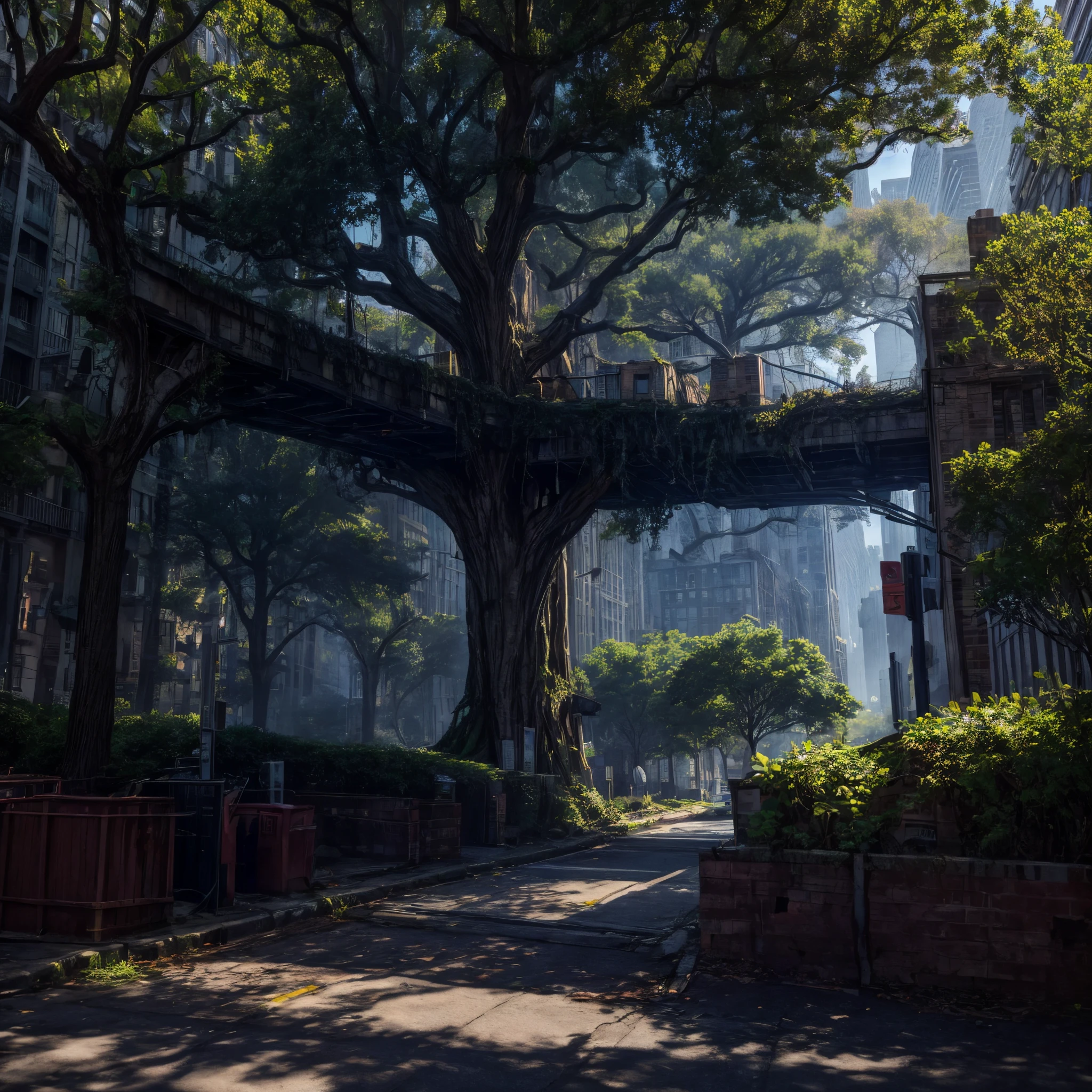 Flanked by towering skyscrapers, an ancient oak tree improbably stands in a downtown public park, its gnarled roots enveloping a three-hundred-year-old cornerstone. Crisscrossed by bicyclists and surrounded by food carts, the tree soaks up city life as buses rumble by, while also harboring secret hollows and nests.
Below street level, the tree of life’s roots intertwine around broken pipes, fiber optic cables, and relics of bygone infrastructure. Tree and city interpenetrate one another. Feral cats use the branches to scan for pigeons while finance interns eat salads in its dappled shade.
At sunset, the oak’s twisted silhouette stretches over high-rise rooftops as corporate lights blink on. Across its riven trunk, names of those who once sat here are carved beside modern graffiti. In the high boughs, a hidden camera keeps watch. And deep underground, shielded by the roots, an abandoned turn-of-the-century bank vault slumbers, filled with aging paper records awaiting digital discovery one day.
The urban tree holds all this city history within itself, asneighborhoods transform around its steadfast presence across centuries of human choices and changes. Like mythic world trees, it unites macrocosm and microcosm, past and present. As long as it thrives here, something fundamental yet ineffable endures, binding city to nature, and surface to secrets below in its patient rootedness and far-reaching yet grounded perspective. All who interact with this oak become part of its greater story.