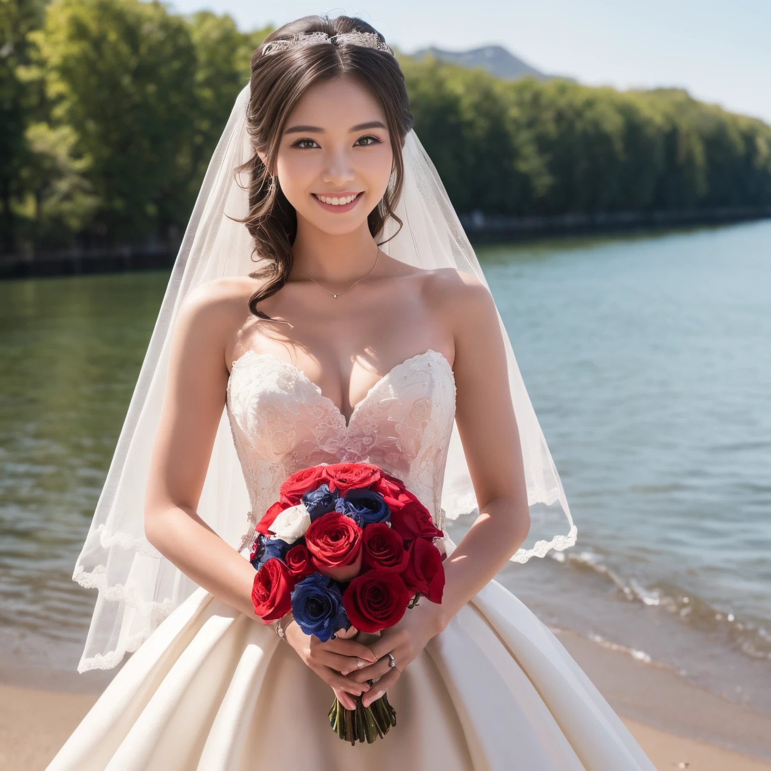 ((top-quality、masutepiece、8K、Top image quality、SFW))、(Bright and vivid:1.3)、(1 photo:1.3)、((American beauty、most luxurious wedding dresses、Wedding bouquet、wedding lace、perfect wedding lace、perfect bride、american bride、American Face、american hair color、american skin color))、(World tourist destinations with America on the background、World Heritage Sites in the United States:1.3)、cowboy  shot、the best smile when you look at me、perfect anatomia、Perfect fingers、perfect hand