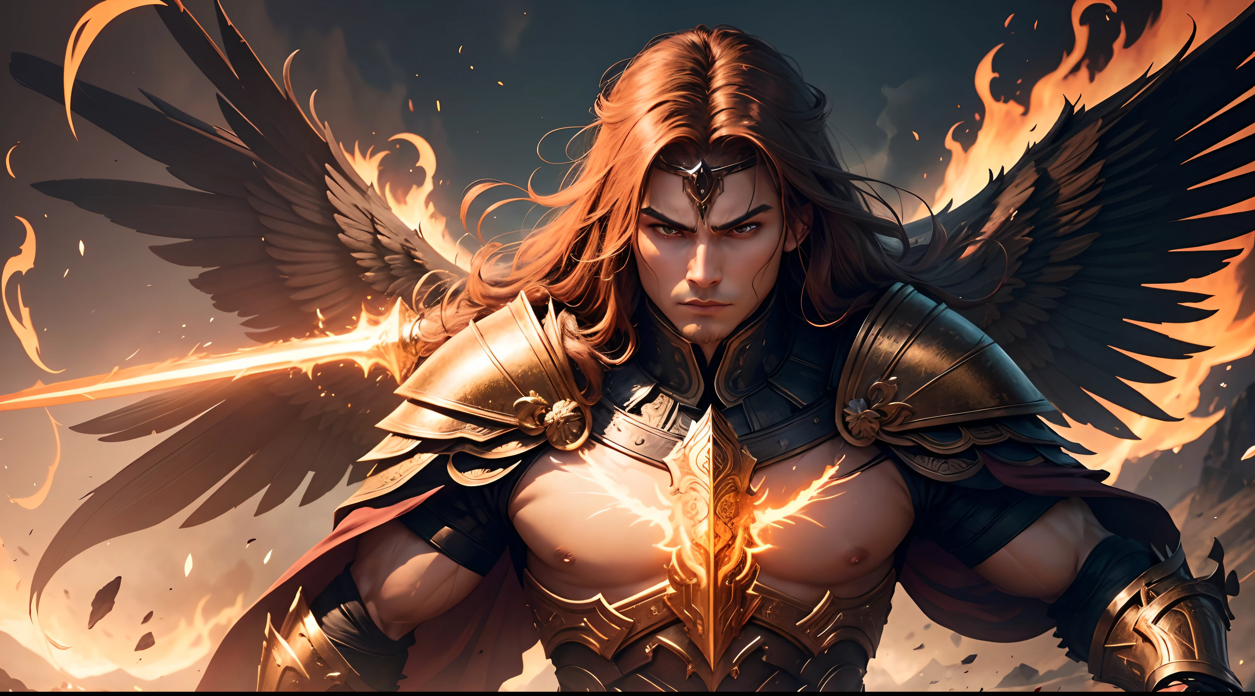 Please create an image of a powerful warrior in a stunning scene. The warrior must be in the center of the image and be represented with an imposing and heroic appearance, with wings shining with fire. He must be surrounded by bright lights and display special abilities such as energy beams or a luminous aura around him. The background scene must be epic, with elements that emphasize the power and grandeur of the warrior. Make sure the image is eye-catching, with impressive details to complement the Psalm 91 narration