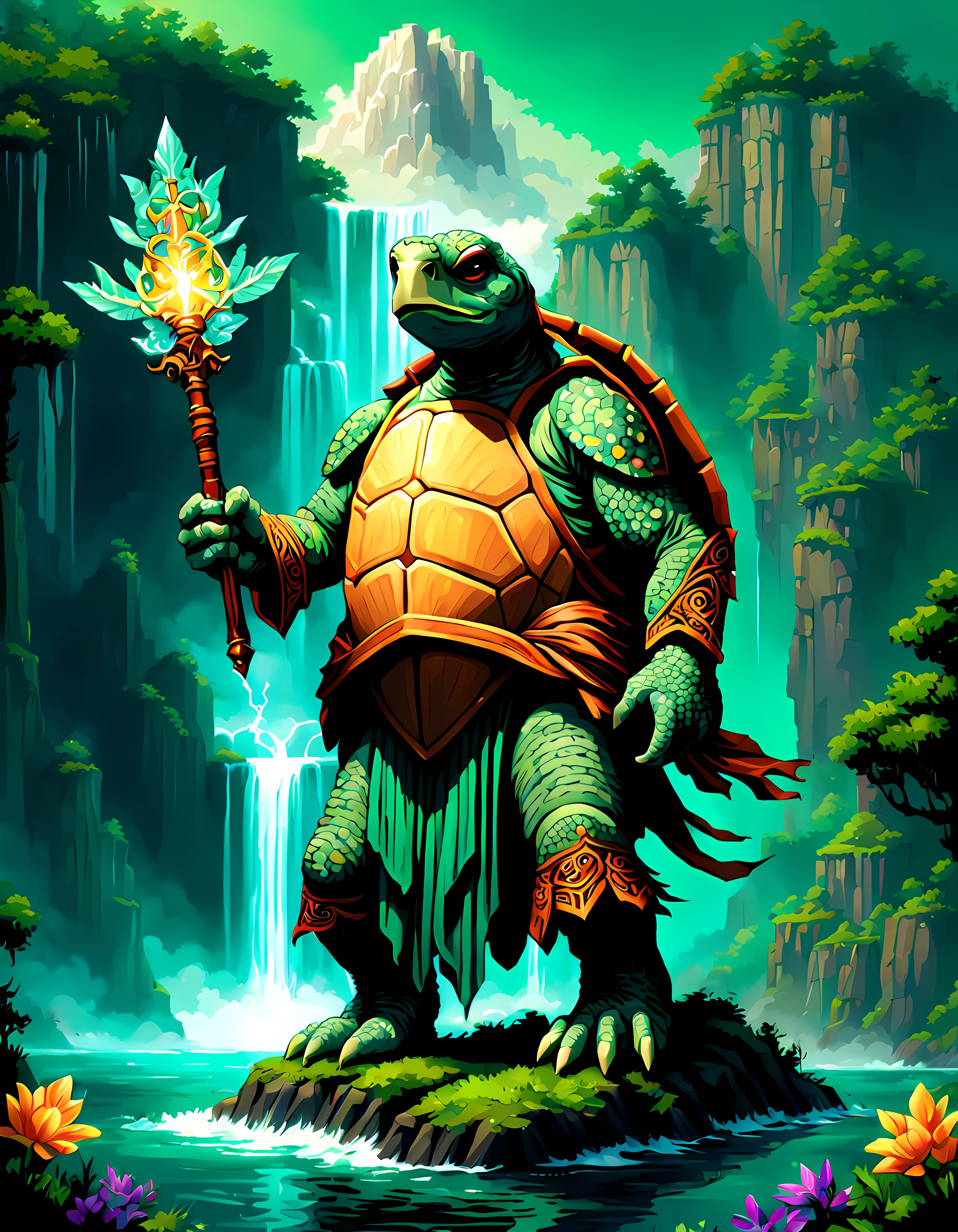 (pixel art:1.3), (solo:1.3), ((wise and powerful turtle mage)) stands tall resides on a secluded island surrounded by misty, emerald-green waters, amidst a breathtaking epic fantasy scenery, ancient wisdom and profound connection to the elements, towering cliffs with cascading waterfalls serve as a backdrop, while vibrant bioluminescent flora illuminates the landscape at night, (adorned in ornate robes intricately woven with runes) harnesses the forces of nature to protect this mystical realm