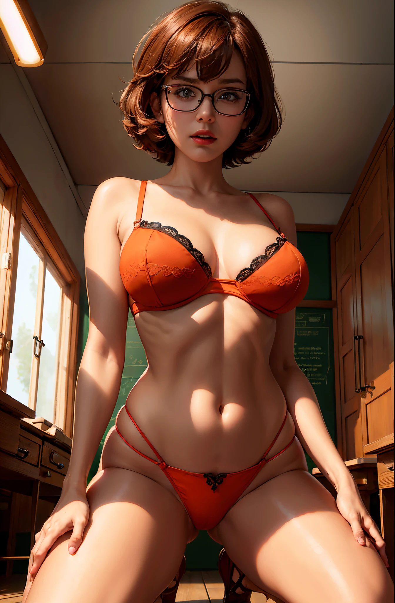 Generate an image of Velma from Scooby-Doo, best quality, short hair, skirt, (large breast:1,7), brown hair, brown eyes, pleated skirt, glasses, sit, orange strapless bra, Generate an image of a detailed haunted classroom with eerie lighting, tattered curtains, creaky desks, and ghostly apparitions. Generate a dark and eerie scene with a frightening atmosphere, masterpiece, best quality:1.2),(8k,highres,RAW photo,realistic,photo-realistic:1.3),(detailed skin texture,detailed cloth texture,beautiful detailed face:1.25),professional lighting,photon mapping,beautiful soft light,radiosity,physically-based rendering,model shoot style, model shoot style, (extremely detailed CG unity 8k wallpaper), full shot body photo of the most beautiful artwork in the world, complex 3d render ultra detailed, looking at viewer, 18 yo, wet hair, real human skin, vibrant details, hyperrealistic, beautiful, octane render, 8k, best quality, masterpiece, an extremely delicate and beautiful, extremely detailed ,CG ,unity ,wallpaper, (realistic, photo-realistic:1.37),Amazing, finely detail, masterpiece,best quality,official art, extremely detailed CG unity 8k wallpaper ,extreme detailed eyes, (perfect face), shiny skin, colorful, highest detailed, vibrant colors, ultra high res, (high contrast), intricate, lens flare,