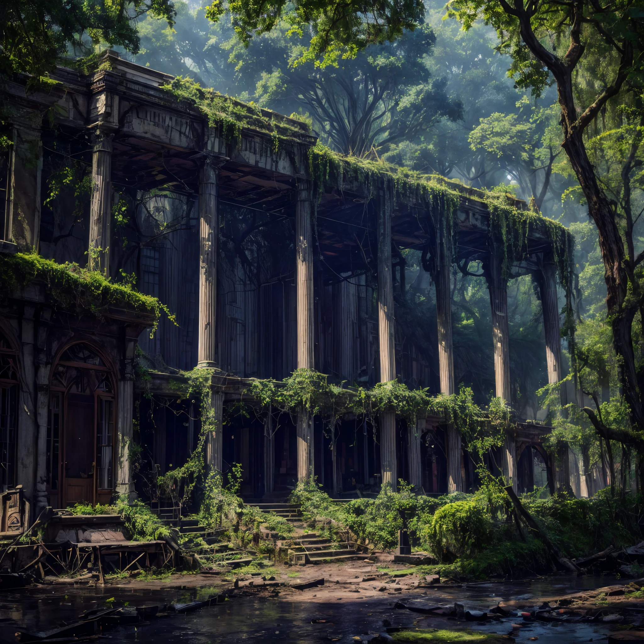 The once-bustling downtown is now desolate ruins. Empty skyscrapers crumble, their glass windows shattered and steel frames corroding. The old public park, however, remains verdant and overgrown, completely rewilded.
At the center towers the massive oak tree, even broader now without foot traffic compacting its root zones. Its gnarled trucks and boughs are wrapped in thick green curtains of ivy and rambling vines. The branches host birds, squirrels, and insects that haven't been seen downtown in over a century.
The cracked cornerstone from centuries past lies partially buried under moss and fungi. The food carts, bike racks, and bus stops are all gone, with saplings emerging in their place. The routes below the surface have caved in or flooded, leaving only remnants of pipes and cables strewn among the tree roots.
In an apartment high up in one of the few remaining towers, the hidden camera still somehow functions. But its images only occasionally capture treeswaying in the wind or creatures sheltering within the oak's canopy. Any pedestrians it once monitored have vanished long ago.
The old bank vault remains too, now flooded and home to fish and salamanders that drifted down from the world above. The paperwork dissolved eons ago. Without people present to routinely unlock its massive door, the vault will keep its final secrets.
The oak tree now dominates the landscape of collapsed architecture and feral flora. Its longevity outpaced human civilization here. With none left to carve initials or add street art graffiti across its bark, the tree withdraws into itself - a witness of bygone eras now observing forests reclaiming what culture leaves behind when choices shift the fate of societies. Mossy ruins intertwine with enduring nature, cycles of destruction and regeneration playing out amidst the ancient oak's quiet wisdom.