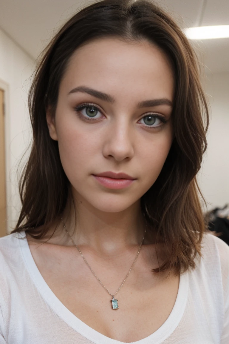 Young woman wearing a t shirt and a necklace. She has blonde hair, big, blue eyes, and a subtle, natural makeup look. The selfie should show her without visible makeup, and she should be looking directly into the camera. The face should appear realistically natural. The full-body shot of this attractive woman should feature a striking pose, and she has piercing blue eyes. The girl has a sweet demeanor, and the pose should also be sweet. Please ensure that the entire body of the woman is visible in the image. The background should be clear and uncluttered. The details of the image should be of high quality(best quality)), ((masterpiece)), (detailed), perfect face