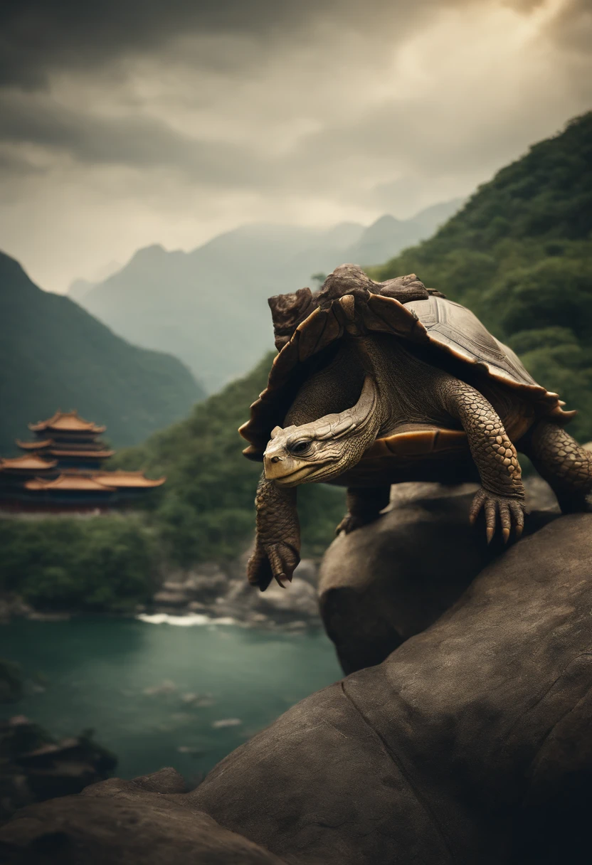 Turtles,Turtle-shell dragon-headed monster,Tortoise shell with Chinese totem,Chinese style,Ancient divine beasts,Mountain and river background