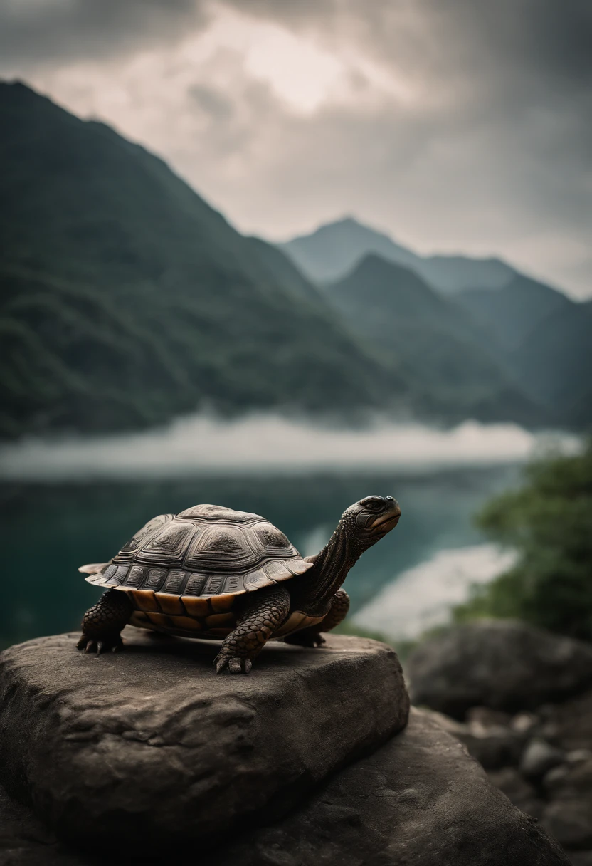 Turtles，Turtle-shell dragon-headed monster，Tortoise shell with Chinese totem，Chinese style，Ancient divine beasts，Mountain and river background