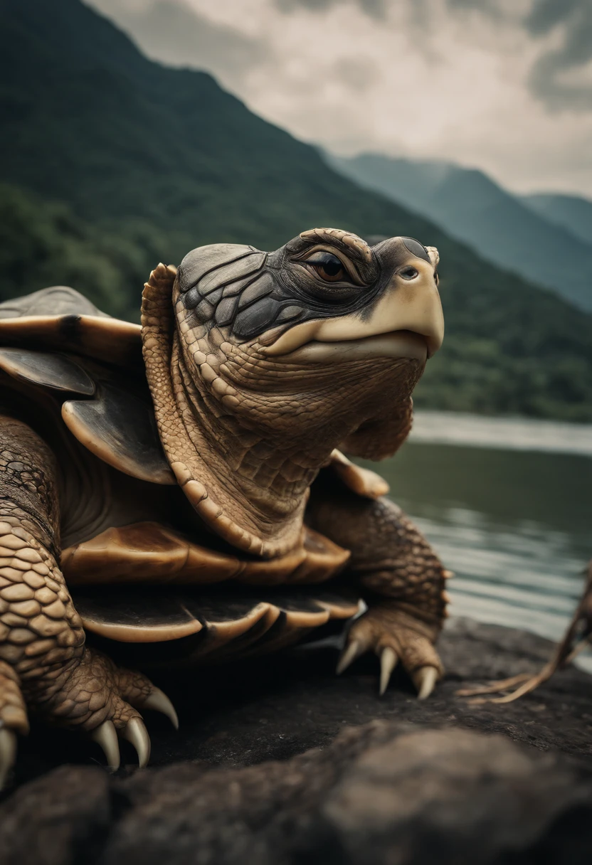 Turtles,Turtle-shell dragon-headed monster,Tortoise shell with Chinese totem,Chinese style,Ancient divine beasts,Mountain and river background