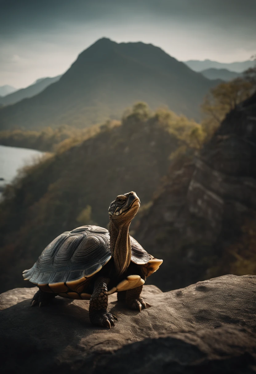 Turtles，Turtle-shell dragon-headed monster，Tortoise shell with Chinese totem，Chinese style，Ancient divine beasts，Mountain and river background