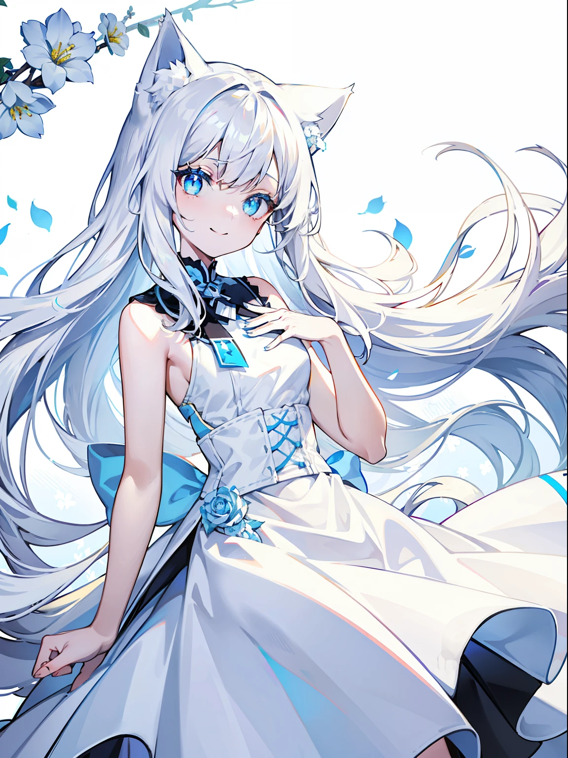 teens girl，Long white hair that reaches the waist，White cat ears，Blue pupil，ssmile，Sideslit ，white dresses，Blue flowers dotted，Plain white background，
