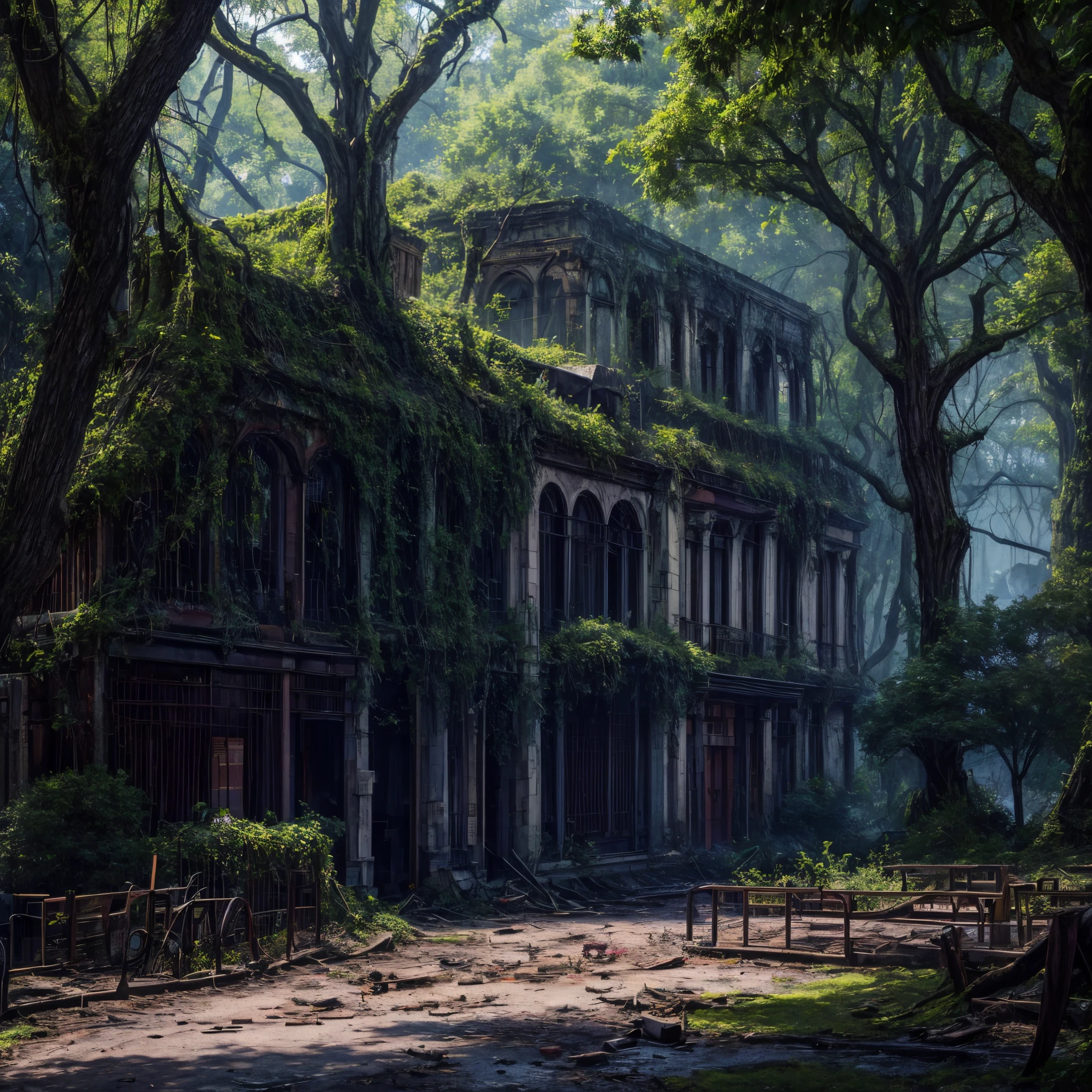 The once-bustling downtown is now desolate ruins. Empty skyscrapers crumble, their glass windows shattered and steel frames corroding. The old public park, however, remains verdant and overgrown, completely rewilded.
At the center towers the massive oak tree, even broader now without foot traffic compacting its root zones. Its gnarled trucks and boughs are wrapped in thick green curtains of ivy and rambling vines. The branches host birds, squirrels, and insects that haven't been seen downtown in over a century.
The cracked cornerstone from centuries past lies partially buried under moss and fungi. The food carts, bike racks, and bus stops are all gone, with saplings emerging in their place. The routes below the surface have caved in or flooded, leaving only remnants of pipes and cables strewn among the tree roots.
In an apartment high up in one of the few remaining towers, the hidden camera still somehow functions. But its images only occasionally capture treeswaying in the wind or creatures sheltering within the oak's canopy. Any pedestrians it once monitored have vanished long ago.
The old bank vault remains too, now flooded and home to fish and salamanders that drifted down from the world above. The paperwork dissolved eons ago. Without people present to routinely unlock its massive door, the vault will keep its final secrets.
The oak tree now dominates the landscape of collapsed architecture and feral flora. Its longevity outpaced human civilization here. With none left to carve initials or add street art graffiti across its bark, the tree withdraws into itself - a witness of bygone eras now observing forests reclaiming what culture leaves behind when choices shift the fate of societies. Mossy ruins intertwine with enduring nature, cycles of destruction and regeneration playing out amidst the ancient oak's quiet wisdom.