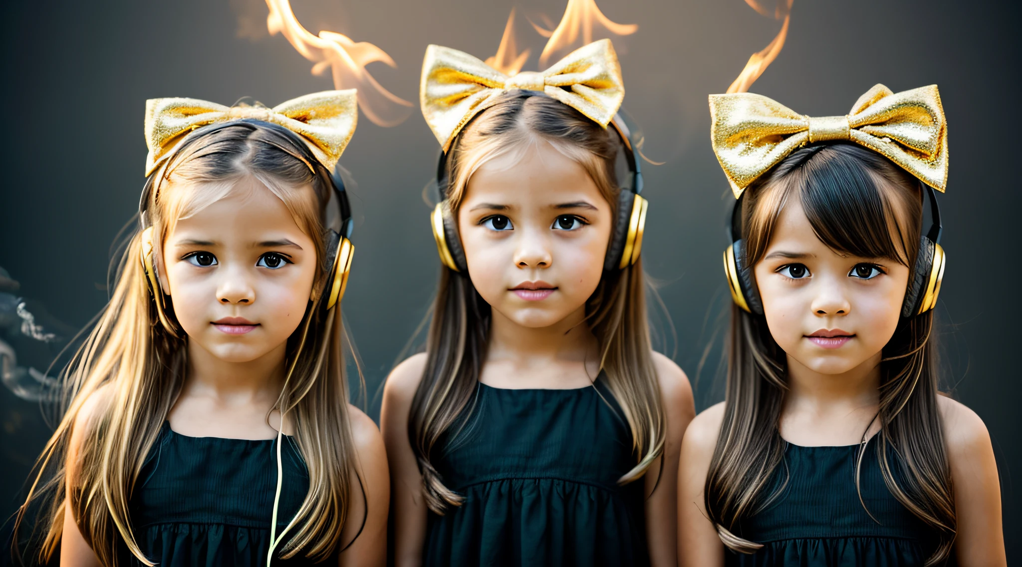 BLACK BACKGROUND. two girls KIDS BLONDE GOLD WITH LONG HAIR with bows on the head AND HEADPHONE and one wearing BLACK dress, FONES DE OUVIDO FOGO E FOGO. GREEN Smoke Billowing GREEN, portrait of twins twins, faixa de cabelo AMARELO, GOLD.