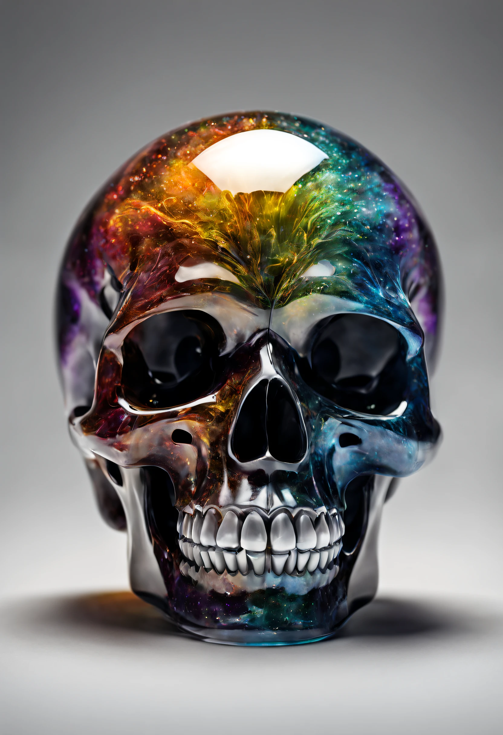 A realistic colored glass skull, beautiful and detailed. Which explodes when falling to the ground, the projections are textured like colorful dreaming dust