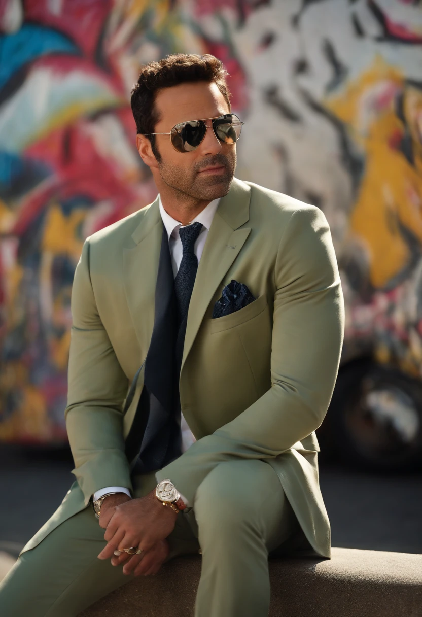 Ari stands in front of a massive graffiti mural, with a spray paint can in hand and an intense expression.,Entourage,Ari Gold, the fictional talent agent from “Entourage,” is known for his sharp, polished appearance, often seen in designer suits that complement his fast-paced, high-powered lifestyle in Hollywood. He has a confident, assertive demeanor, characterized by his brisk walk and intense, focused expressions.