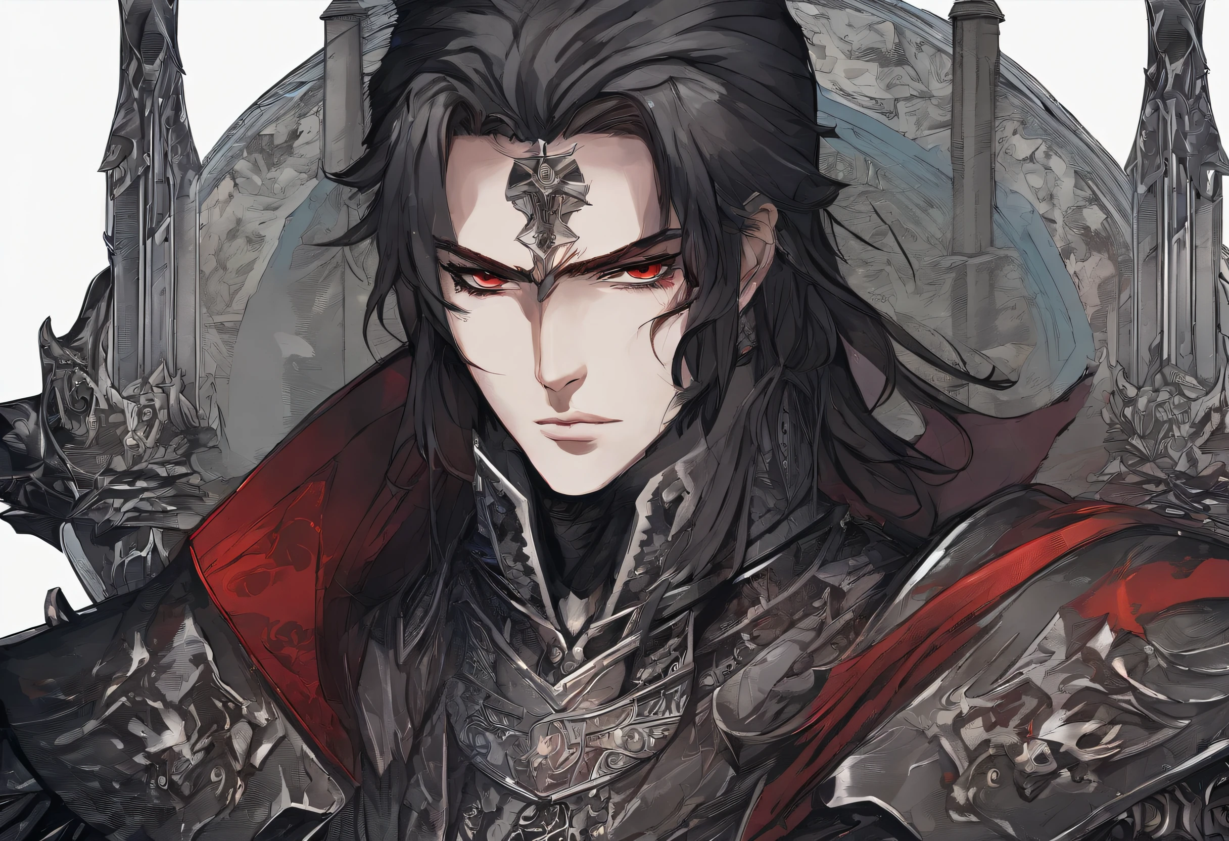 man with short beard, epic rpg portrait, fantasy male portrait, rpg portrait concept art, male warrior, fantasy concept art portrait, epic portrait illustration, detailed character portrait, one human warrior, big black armor with details red, full armor, blue eyes, short hair, brown hair, dungeons and dragons character, detailed hands, cape, High Detail, blood spatter